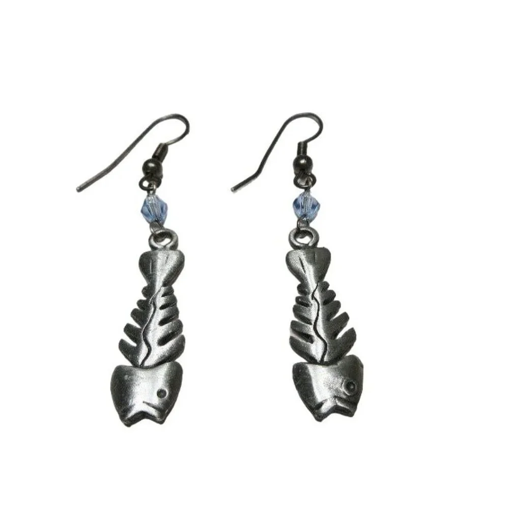 Silver Fishbone Drop Dangle Hook Earrings